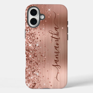 Glittery Rose Gold Metallic Girly Black Signature iPhone 16 Plus Case