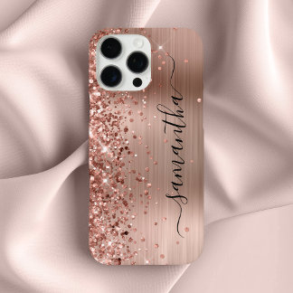 Glittery Rose Gold Metallic Girly Signature iPhone 16 Pro Max Case