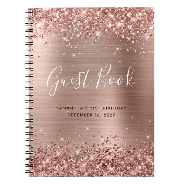 Glittery Rose Gold Modern 21st Birthday Guestbook Notebook (Front)