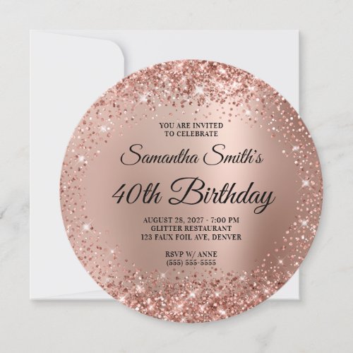 Glittery Rose Gold Ombre Monogram 40th Birthday Invitation