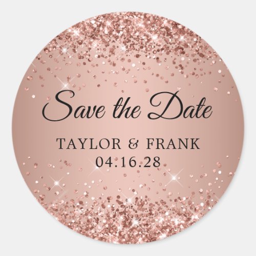 Glittery Rose Gold Ombre Wedding Save the Date Classic Round Sticker