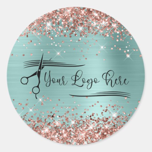 Glittery Rose Gold Pale Turquoise Glam Logo Classic Round Sticker