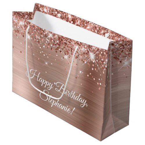 Glittery Rose Gold Personalized Happy Birthday Large Gift Bag