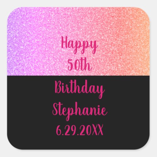 Glittery Rose Gold Pink Black Happy Birthday Name Square Sticker
