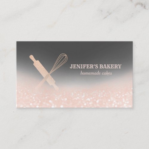 Glittery rose gold rolling pin whisk chef bakery business card