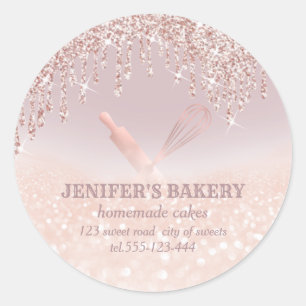 Glittery rose gold rolling pin & whisk chef bakery classic round sticker