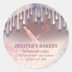 Glittery rose gold rolling pin & whisk chef bakery classic round sticker