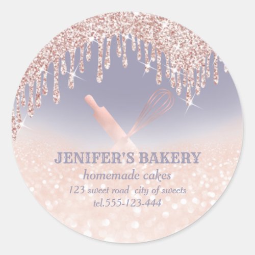 Glittery rose gold rolling pin  whisk chef bakery classic round sticker
