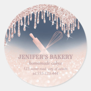 Glittery rose gold rolling pin & whisk chef bakery classic round sticker