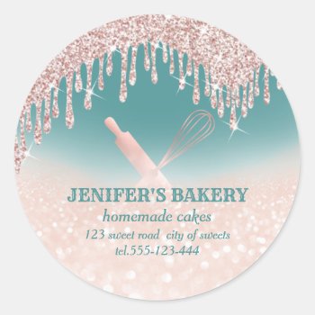 Glittery Rose Gold Rolling Pin & Whisk Chef Bakery Classic Round Sticker by Makidzona at Zazzle