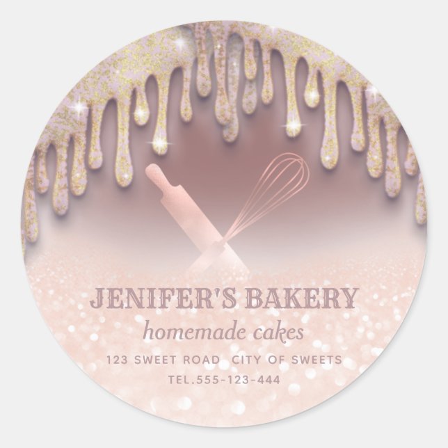 Glittery rose gold rolling pin & whisk chef bakery classic round sticker (Front)