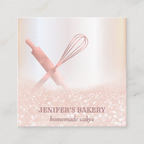 Glittery rose gold rolling pin whisk chef bakery square business card