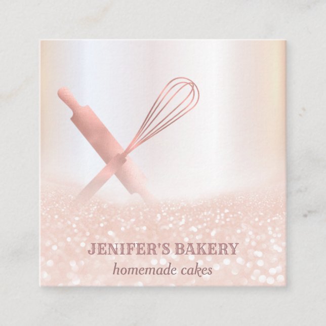 Glittery rose gold rolling pin whisk chef bakery square business card (Front)