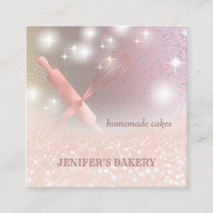 Glittery rose gold rolling pin whisk chef bakery square business card