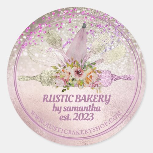 Glittery rose gold rolling pin whisk floral bakery classic round sticker