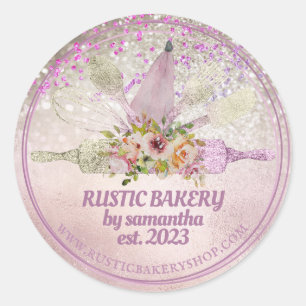 Glittery rose gold rolling pin whisk floral bakery classic round sticker