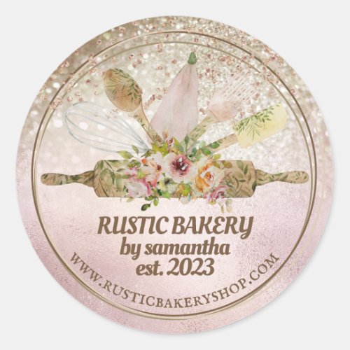 Glittery rose gold rolling pin whisk rustic bakery classic round sticker