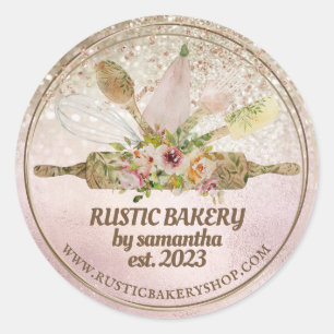 Glittery rose gold rolling pin whisk rustic bakery classic round sticker