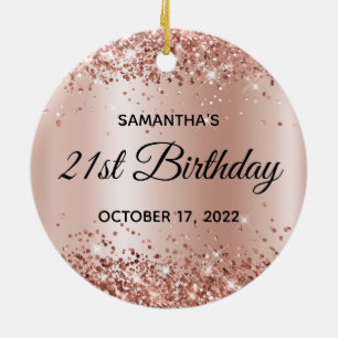 Glittery Rose Gold Shimmer Ombre 21st Birthday Ceramic Ornament