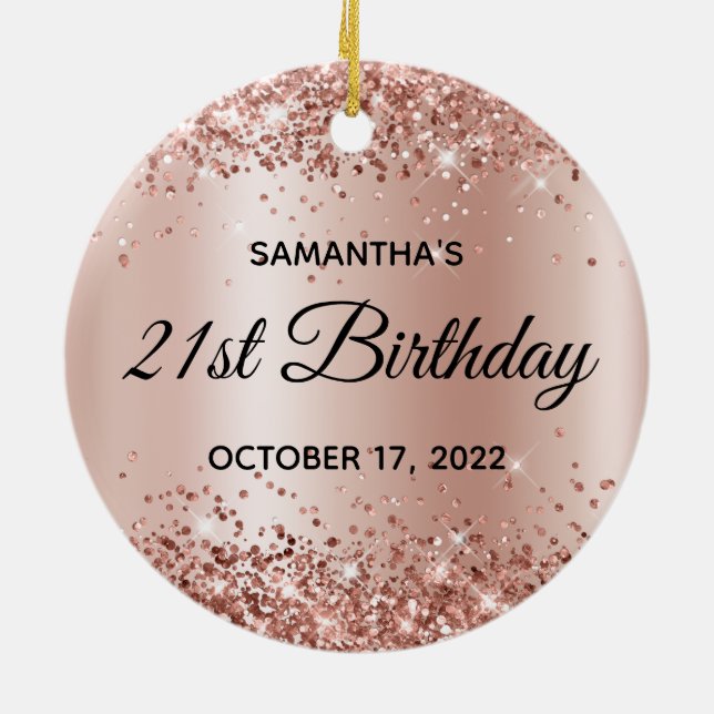 Glittery Rose Gold Shimmer Ombre 21st Birthday Ceramic Ornament (Back)