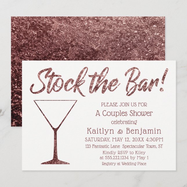 Glittery Rose Gold Stock the Bar Couples Shower Invitation (Front/Back)