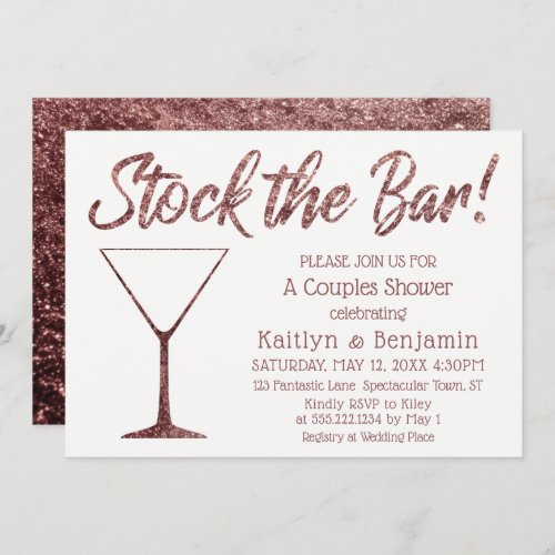 Glittery Rose Gold Stock the Bar Couples Shower Invitation