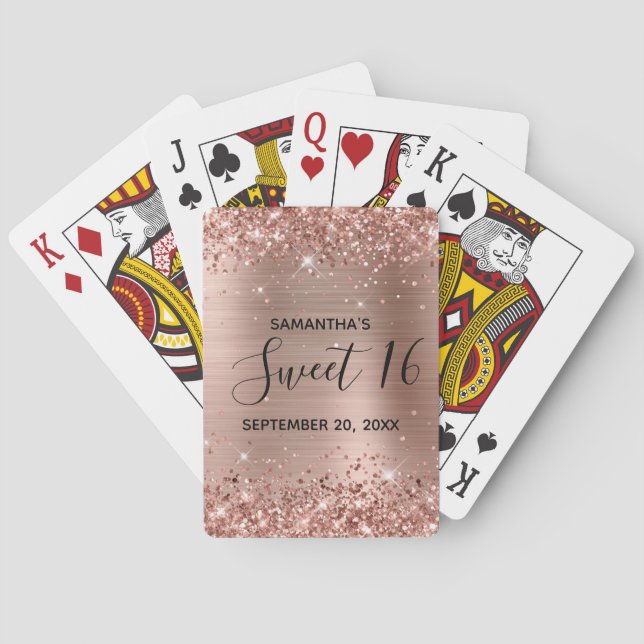 Glittery Rose Gold Sweet 16 Birthday Favor Poker Cards (Back)