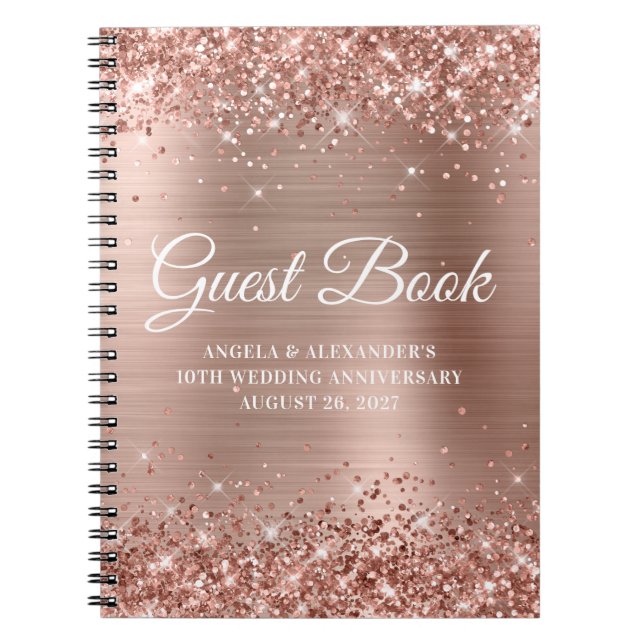 Glittery Rose Gold Wedding Anniversary Guestbook Notebook (Front)