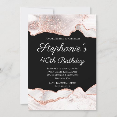 Glittery Rose Gold White Agate 40th Birthday Black Invitation