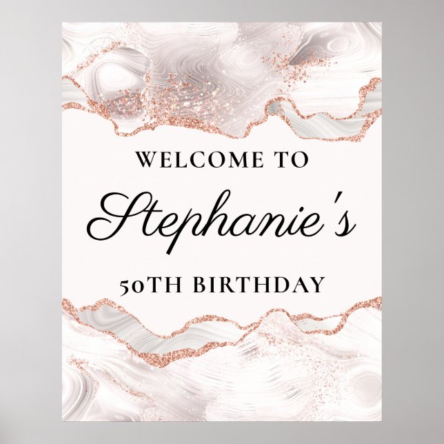 Glittery Rose Gold White Agate 50th Birthday 24x30 Poster (Front)