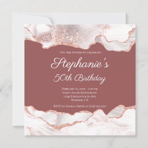 Glittery Rose Gold White Agate 50th Birthday Brick Invitation