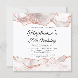 Glittery Rose Gold White Agate 50th Birthday Invitation
