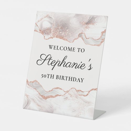 Glittery Rose Gold White Agate 50th Birthday Pedestal Sign