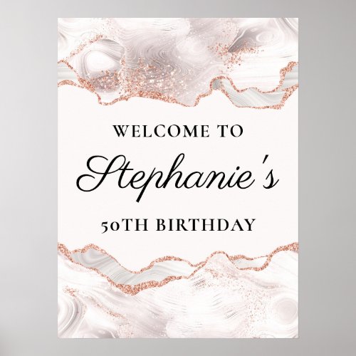 Glittery Rose Gold White Agate 50th Birthday Poster