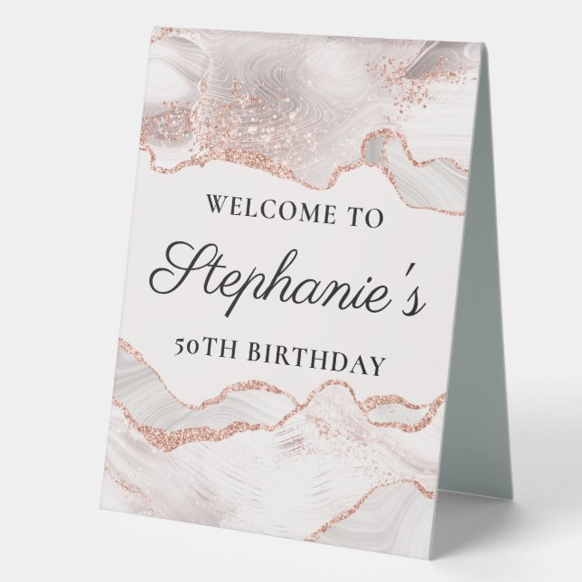 Glittery Rose Gold White Agate 50th Birthday Table Tent (Front)