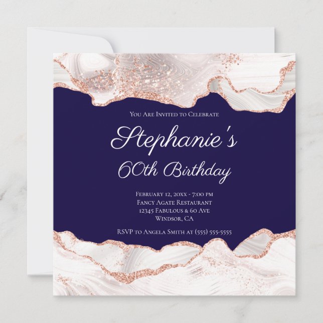 Glittery Rose Gold White Agate 60th Birthday Navy Invitation (Front)