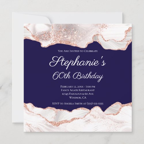 Glittery Rose Gold White Agate 60th Birthday Navy Invitation