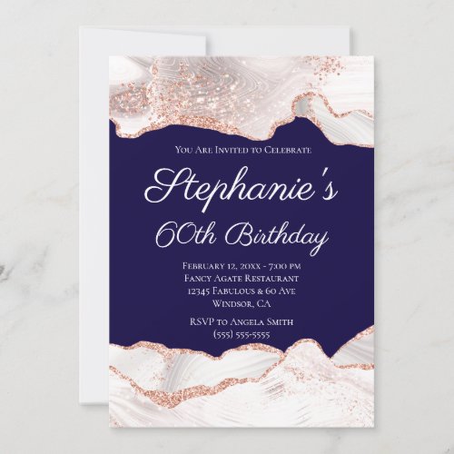 Glittery Rose Gold White Agate 60th Birthday Navy Invitation