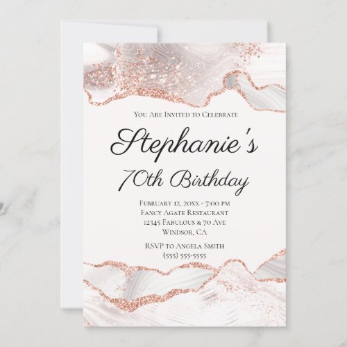 Glittery Rose Gold White Agate 70th Birthday Invitation