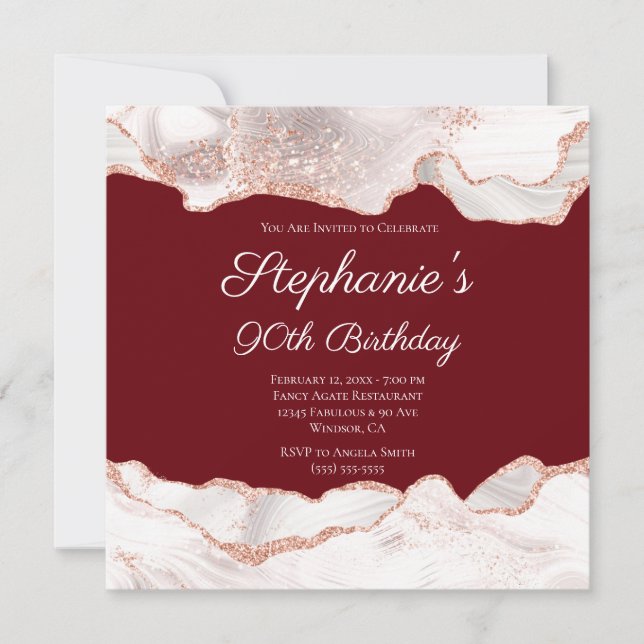 Glittery Rose Gold White Agate 90th Birthday Invitation (Front)