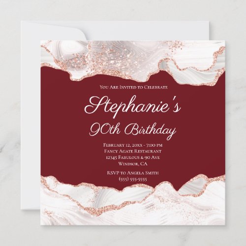 Glittery Rose Gold White Agate 90th Birthday Invitation