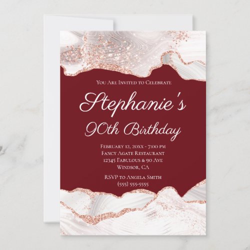 Glittery Rose Gold White Agate 90th Birthday Invitation