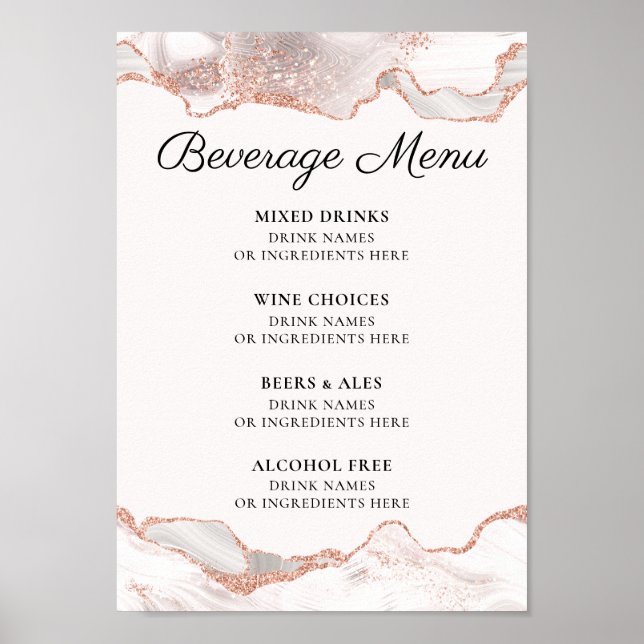 Glittery Rose Gold White Agate Beverage Menu A4 Poster (Front)