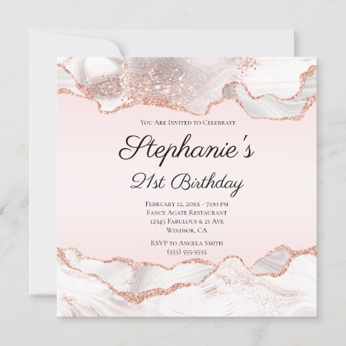 Glittery Rose Gold White Agate Blush 21st Birthday Invitation