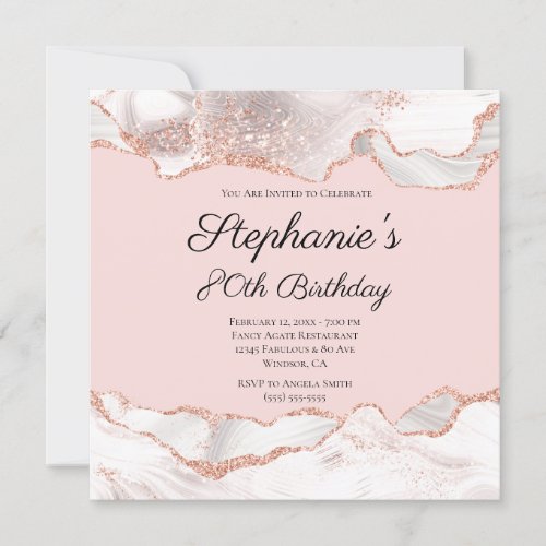 Glittery Rose Gold White Agate Blush 80th Birthday Invitation