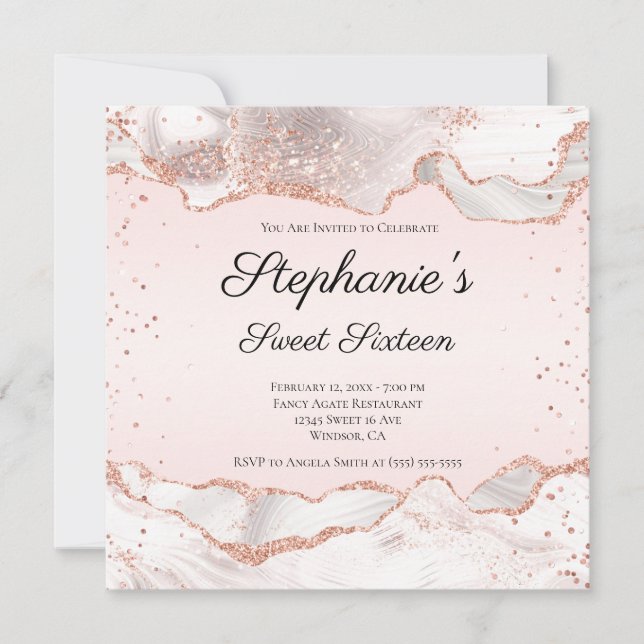 Glittery Rose Gold White Agate Blush Sweet Sixteen Invitation (Front)
