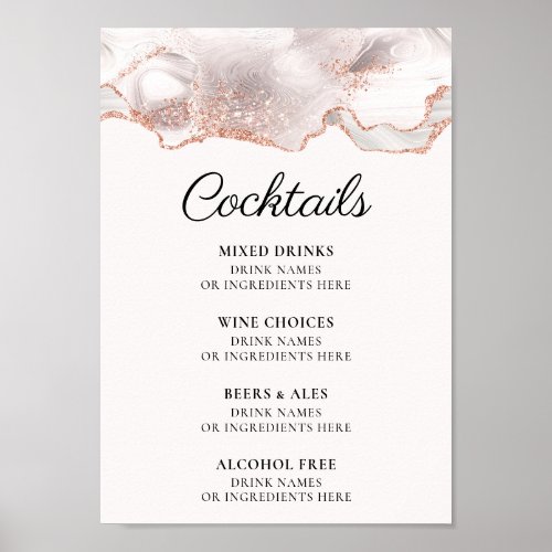 Glittery Rose Gold White Agate Cocktail Menu A4 Poster