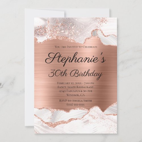 Glittery Rose Gold White Agate Foil 30th Birthday Invitation