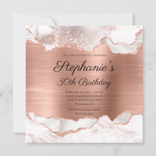 Glittery Rose Gold White Agate Foil 30th Birthday Invitation