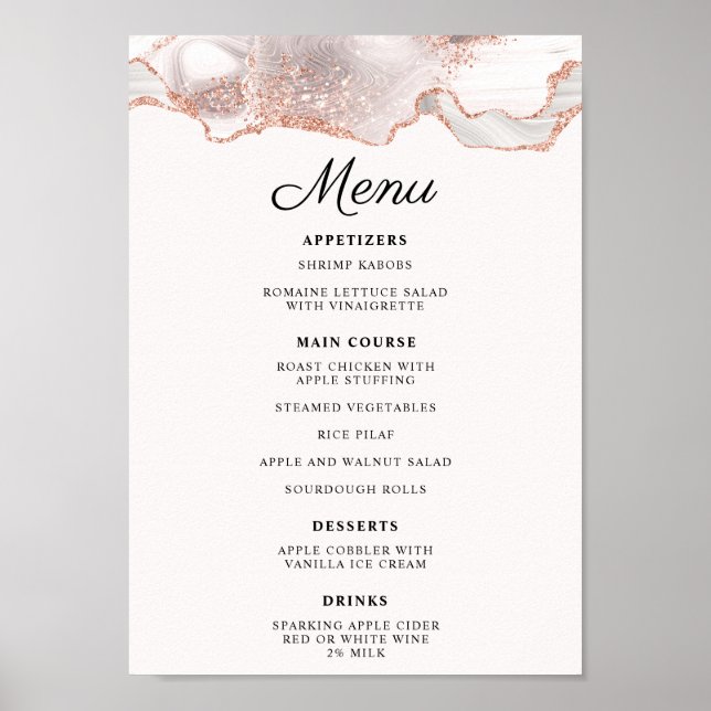 Glittery Rose Gold White Agate Menu A4 Poster (Front)